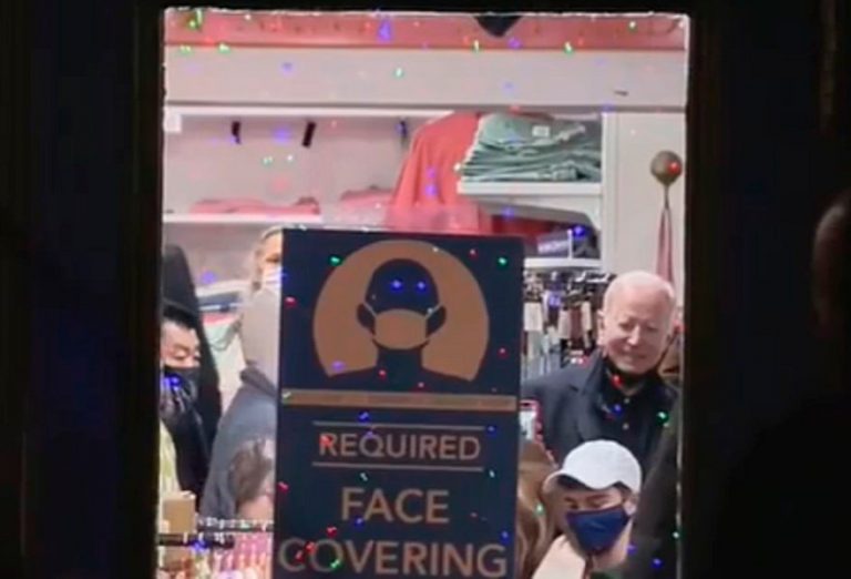 Hypocrite Joe Biden Spotted Shopping Without a Mask, Despite Sign on Door Saying They’re Required