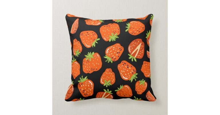 Seamless pattern with little strawberries on black throw pillow