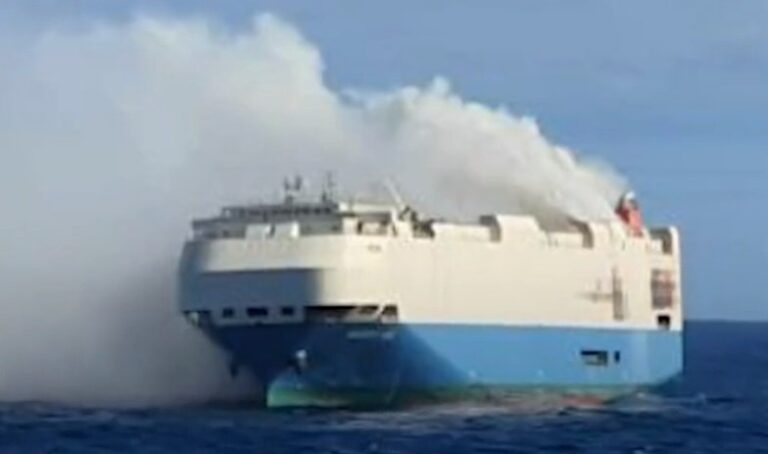 Ship Full of Luxury Cars and Electric Vehicle Batteries from Europe on Fire in the Atlantic